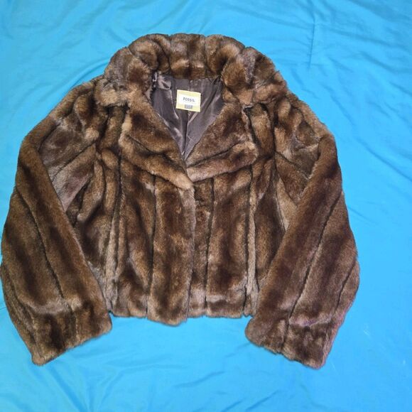 Vintage Fossil Faux Fur Jacket Brown Sz Small RN#92638 Cropped Plush Retro Mink - Picture 4 of 7